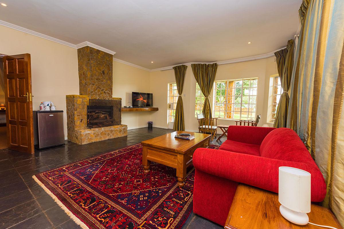Lodge living room with fireplace